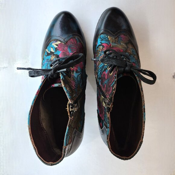 Embossed Floral Leather & Zippered Heeled Ankle Boots - Picture 6 of 8